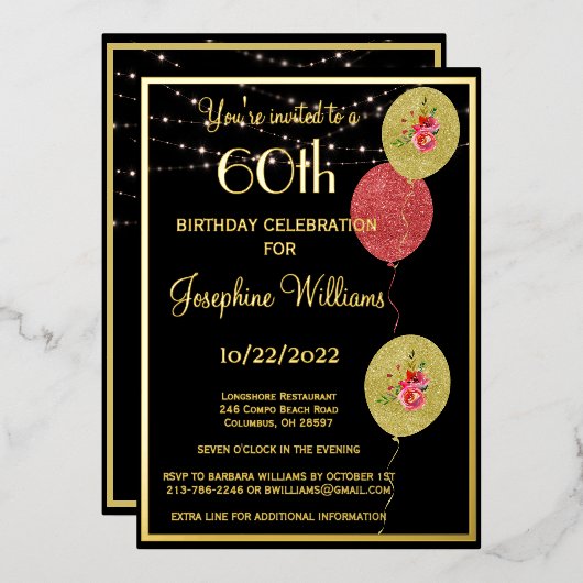 Elegant 60 Sixty Birthday Black REAL Gold Folieneinladung (Vorderseite/Rückseite)