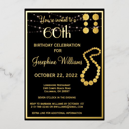 Elegant 60 Sixty Birthday Black REAL Gold Folieneinladung (Vorderseite)