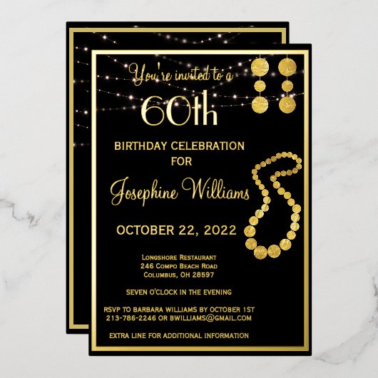 Elegant 60 Sixty Birthday Black REAL Gold Folieneinladung (Vorderseite/Rückseite)