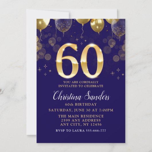 Elegant 60th Birthday Invitation with Gold Ballons Einladung (Vorderseite)