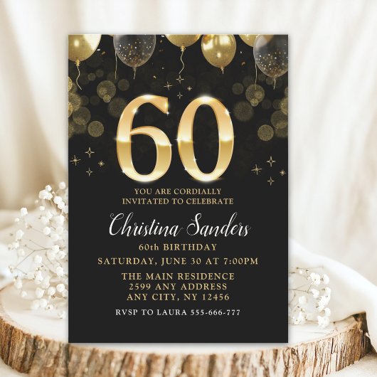 Elegant 60th Birthday Invitation with Gold Ballons Einladung