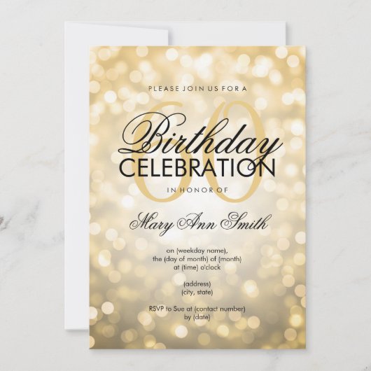 Elegant 60th Birthday Party Gold Glitter Lights Einladung (Vorderseite)