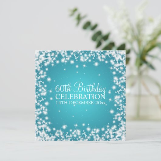 Elegant 60th Birthday Party Winter Sparkle Blue Einladung (Stehend Vorderseite)