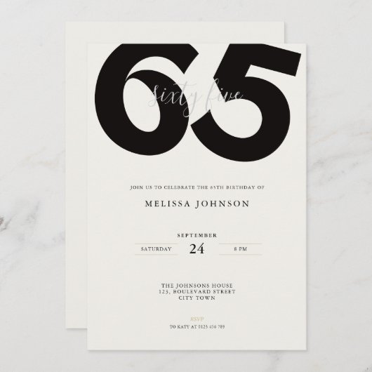 Elegant 65th Birthday Invitation - Minimal Style Einladung (Vorne/Hinten)