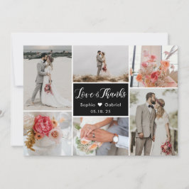 Elegant 6 Fotocollage Schwarz-Weiß-Hochzeit Dankeskarte