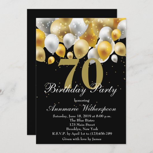 Elegant 70. Geburtstag Einladung Gold Ballons (Vorne/Hinten)