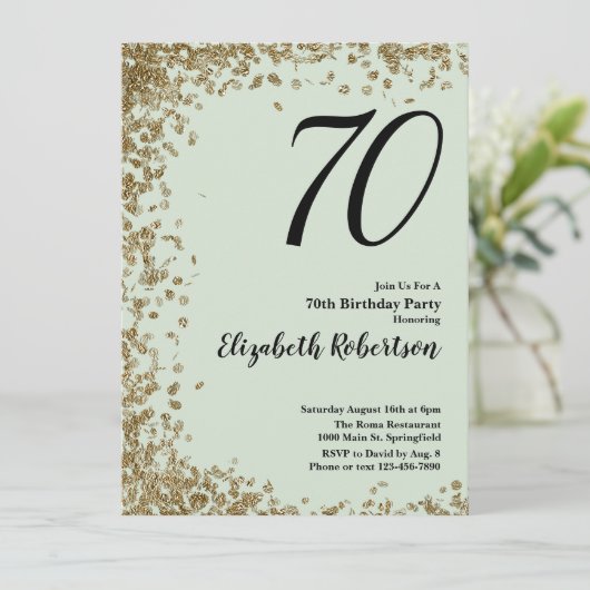 Elegant 70. Geburtstag Einladung Sage Gold Sequins (Stehend Vorderseite)