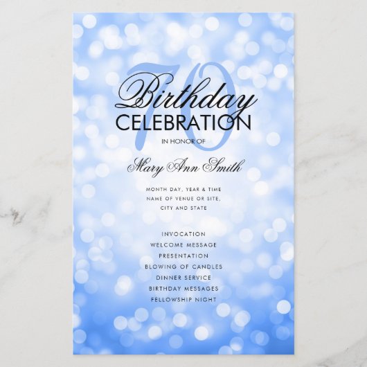 Elegant 70 Geburtstag Programm Lights Navy Menü (Vorderseite)