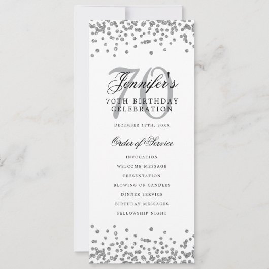 Elegant 70. Geburtstag Programm Silver Confetti (Vorderseite)