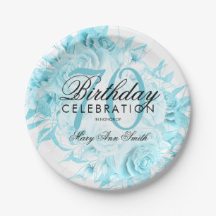 Elegant 70. Geburtstagsparty Floral Aquamarin  Pappteller