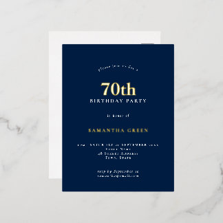 Elegant 70. Geburtstagsparty Luxury Navy Blue Folie Einladungspostkarte