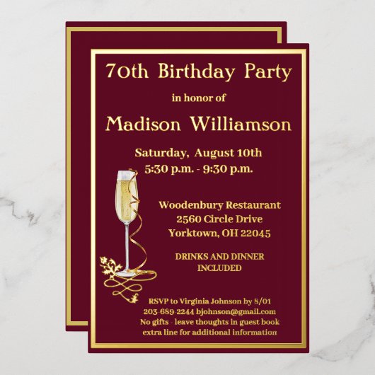Elegant 70 Siebzig Geburtstag Red REAL Gold Folieneinladung (Vorderseite/Rückseite)