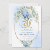 Elegant 70th Birthday Blue Hydrangea Gold Invites Einladung (Vorderseite)
