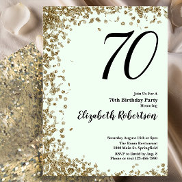 Elegant 70th Birthday Invitation Green Gold Sequin Einladung