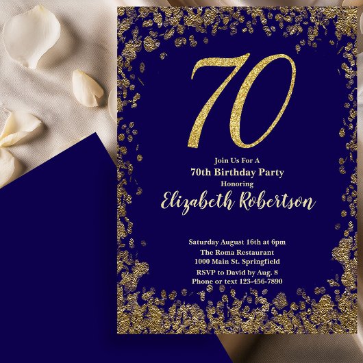 Elegant 70th Blue Birthday Invitation Gold Sequin Einladung