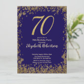 Elegant 70th Blue Birthday Invitation Gold Sequin Einladung (Stehend Vorderseite)