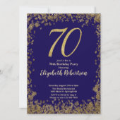 Elegant 70th Blue Birthday Invitation Gold Sequin Einladung (Vorderseite)