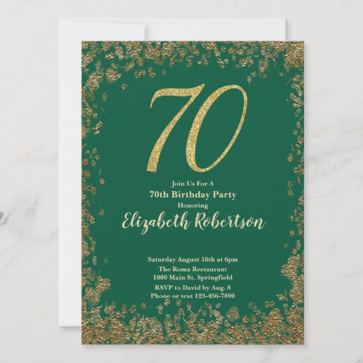 Elegant 70th Green Birthday Invitation Gold Sequin Einladung (Vorderseite)