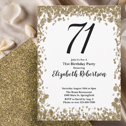 Elegant 71st Birthday Invitation With Gold Sequins Einladung