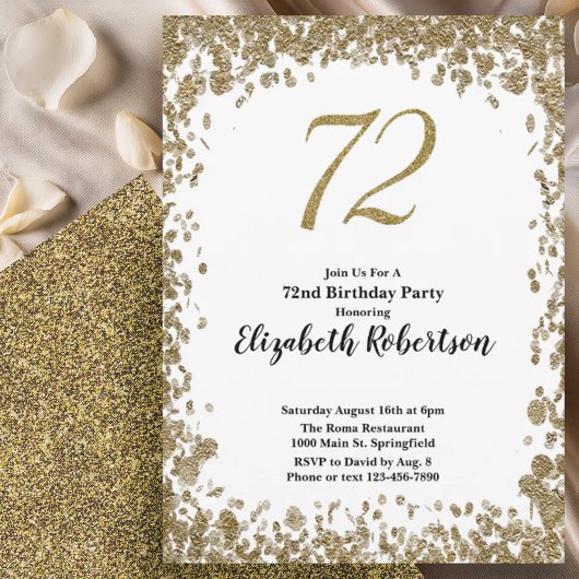 Elegant 72nd Birthday Invitation With Gold Sequins Einladung