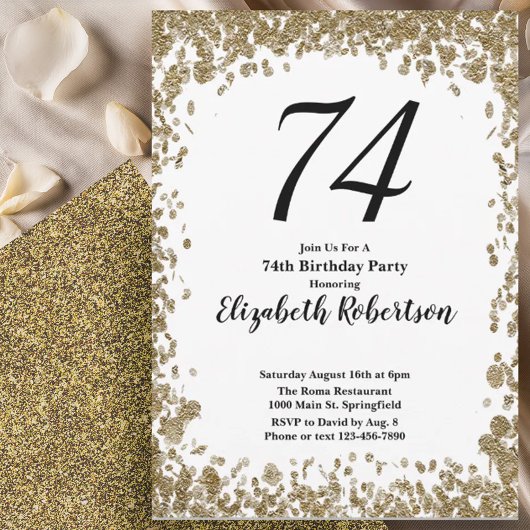 Elegant 74th Birthday Invitation With Gold Sequins Einladung