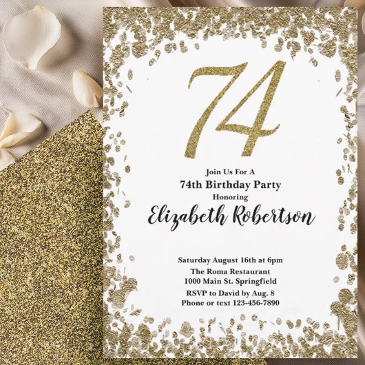 Elegant 74th Birthday Invitation With Gold Sequins Einladung