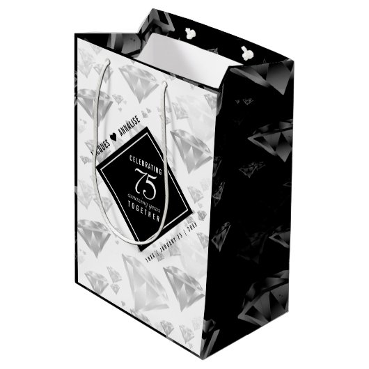 Elegant 75. Diamond Wedding Jubiläum Mittlere Geschenktüte (Rückseite Schrägansicht)