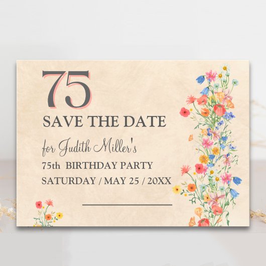 Elegant 75. Geburtstag - Wildblume Design Save The Date