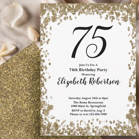 Elegant 75th Birthday Invitation With Gold Sequins Einladung