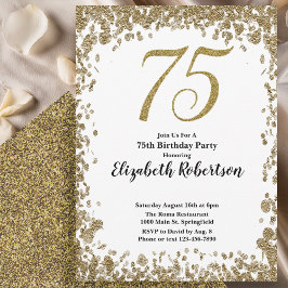 Elegant 75th Birthday White and Gold Sequin Einladung