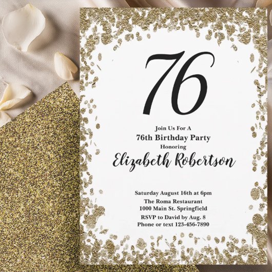 Elegant 76th Birthday Invitation With Gold Sequins Einladung