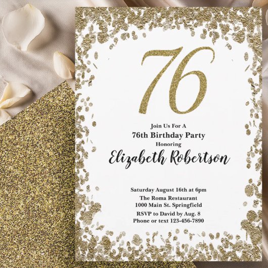 Elegant 76th Birthday Invitation With Gold Sequins Einladung
