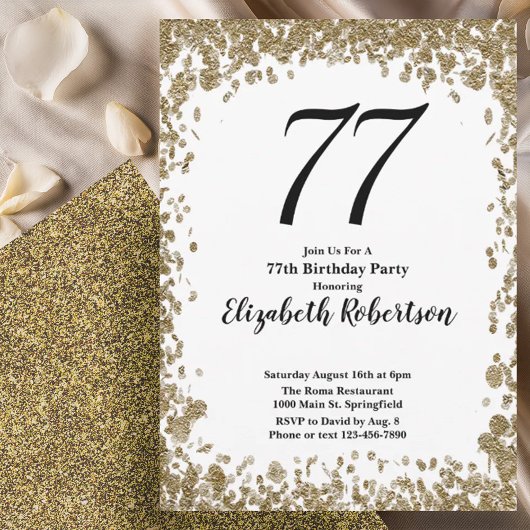 Elegant 77th Birthday Invitation With Gold Sequins Einladung