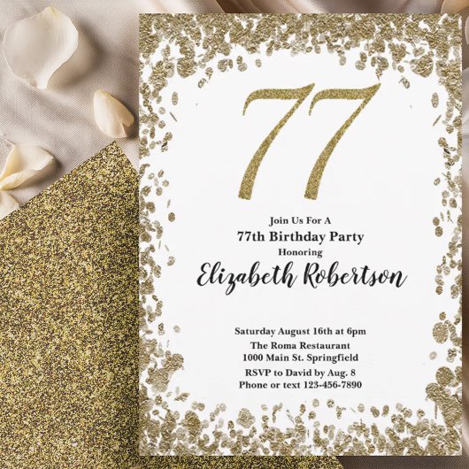 Elegant 77th Birthday Invitation With Gold Sequins Einladung
