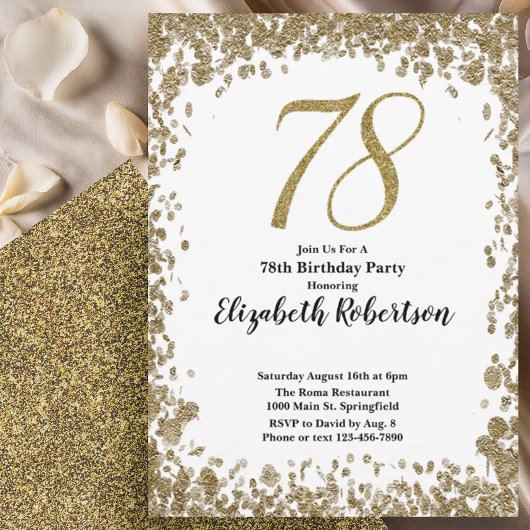 Elegant 78th Birthday Invitation With Gold Sequins Einladung