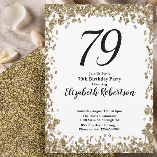 Elegant 79th Birthday Invitation With Gold Sequins Einladung