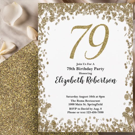 Elegant 79th Birthday Invitation With Gold Sequins Einladung