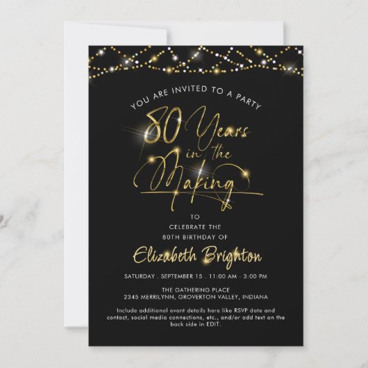 Elegant 80. Geburtstag Black Gold Script Lights Einladung (Vorderseite)