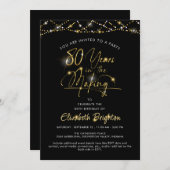 Elegant 80. Geburtstag Black Gold Script Lights Einladung (Vorne/Hinten)