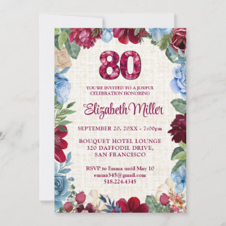Elegant 80. Geburtstag - Burgund Blumendesign Einladung