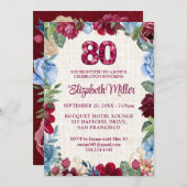 Elegant 80. Geburtstag - Burgund Blumendesign Einladung (Vorne/Hinten)