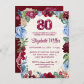 Elegant 80. Geburtstag - Burgund Blumendesign Einladung (Vorne/Hinten)