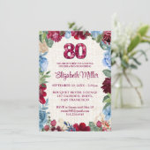Elegant 80. Geburtstag - Burgund Blumendesign Einladung (Stehend Vorderseite)