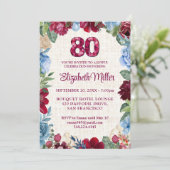 Elegant 80. Geburtstag - Burgund Blumendesign Einladung (Stehend Vorderseite)