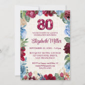 Elegant 80. Geburtstag - Burgund Blumendesign Einladung (Vorderseite)
