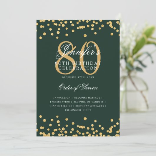 Elegant 80. Geburtstag Programm Menü Gold Green (Stehend Vorderseite)