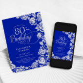 Elegant 80. Geburtstag Royal Blue Silver Rose Einladung