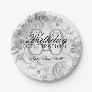 Elegant 80. Geburtstagsparty Floral Silver White Pappteller