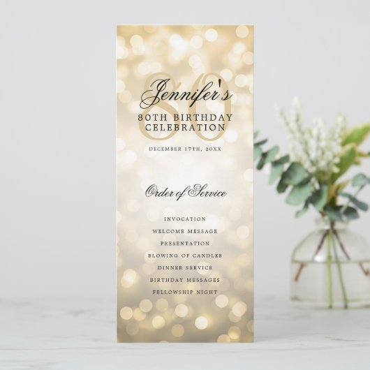 Elegant 80. Geburtstagsparty Programm Gold Bokeh (Stehend Vorderseite)