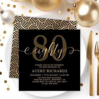 Elegant 80 Gold Script Black 80. Geburtstag Einladung